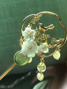 Gold Floral Bird Hair Stick with Iridescent White Flowers